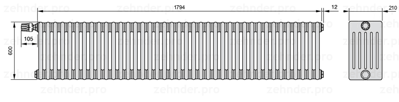 Схема (чертеж) Радиатор Zehnder Charleston 6060/39 №V012 Белый глянцевый RAL 9016